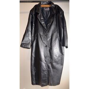 Vtg Lowenthal Leather Trench Coat Maxi Black Matrix 90s Oversized XL L Goth Boho